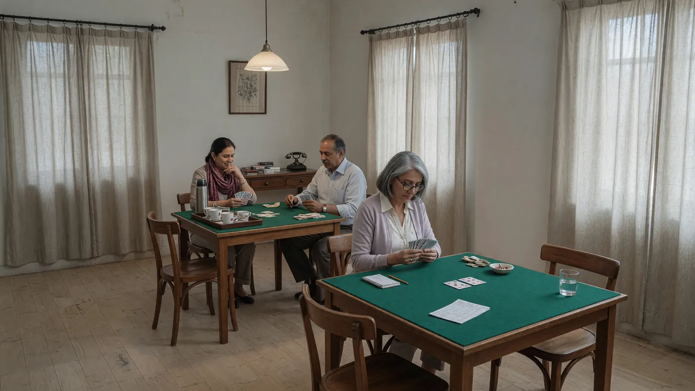 A card-room interior with two tables, one occupied with players and one empty.