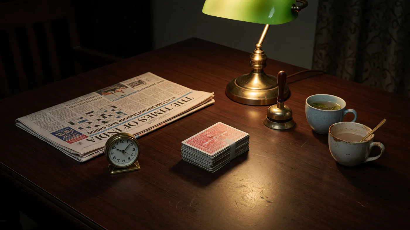 An empty evening rummy table lit by a single warm desk lamp.