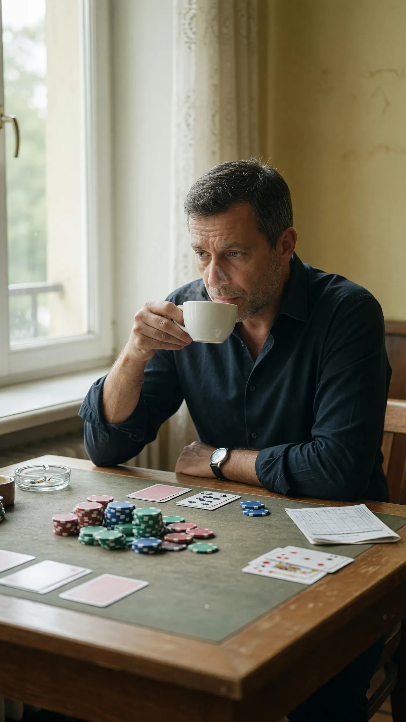 An adult player seated at a small wooden table pausing mid-thought with a cup of tea held in both hands, soft window light from camera-left.