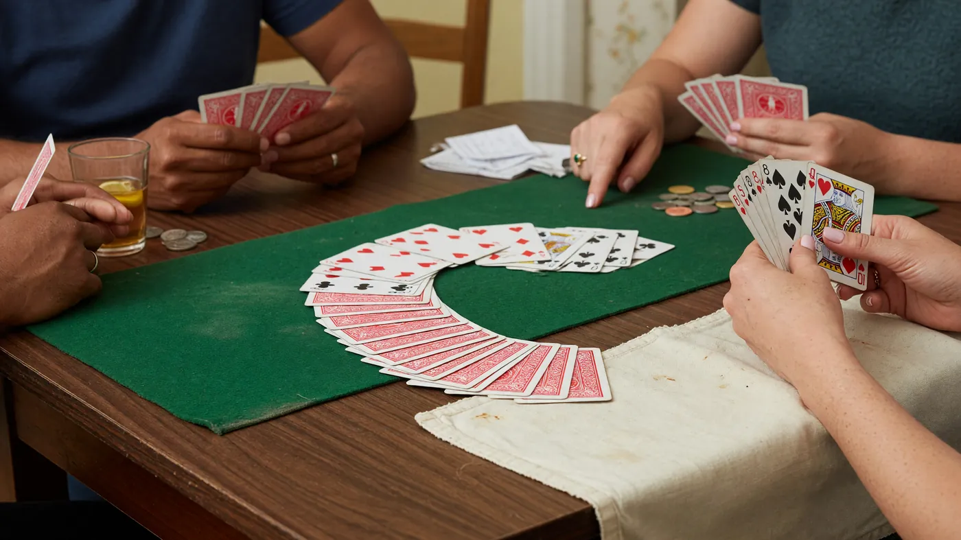 A quiet card-room interior with two tables in soft daylight, one occupied with players mid-game and one empty.