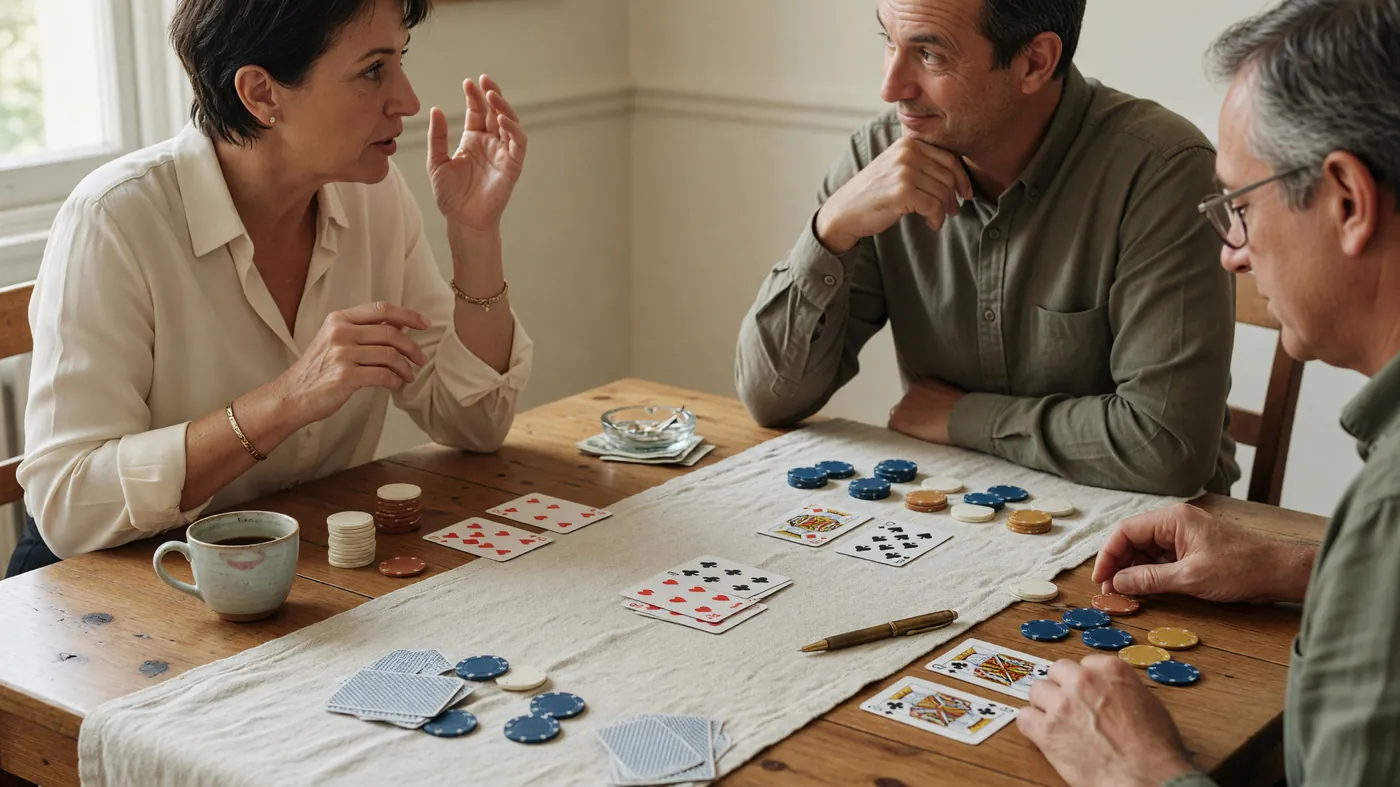 Three adult players at a card table in soft warm indoor daylight with visible cards and visible faces in profile.