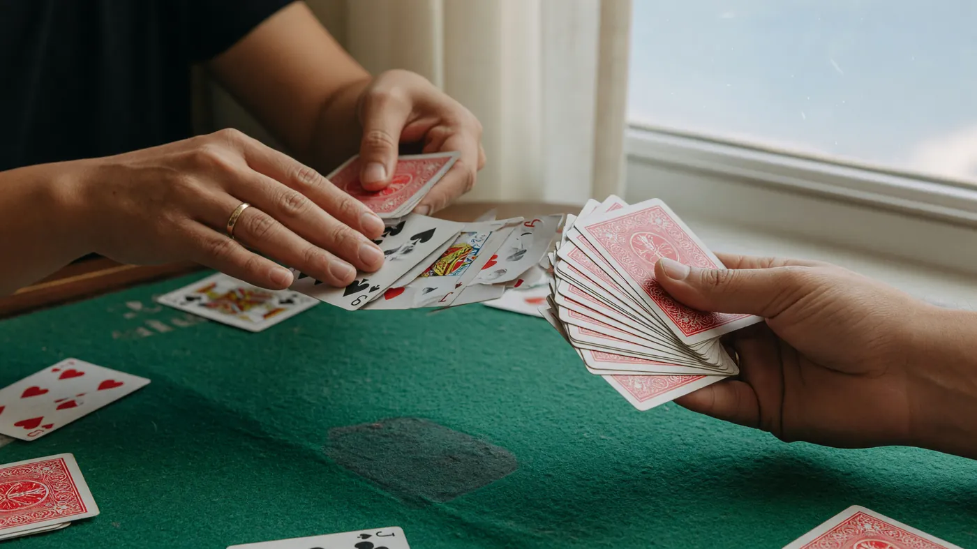 A quiet card-room interior with two tables in soft daylight, one occupied with players mid-game and one empty.