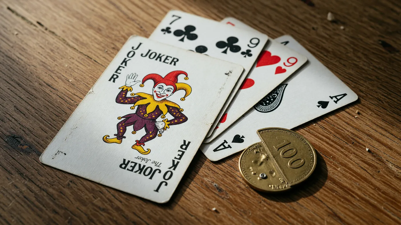 A joker card resting on a leather-bound rule book with soft daylight falling across both objects.