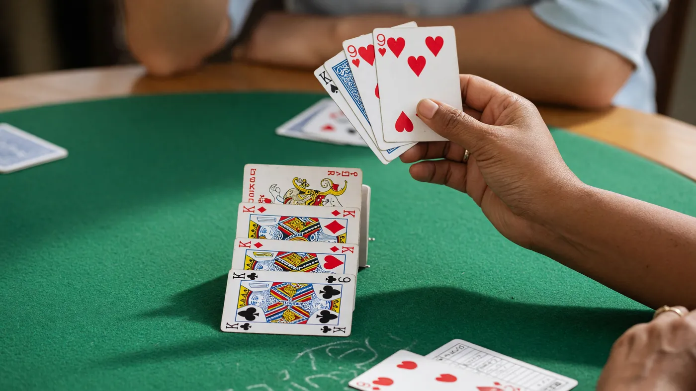 A close-up of a player stacking melds vertically at show time, three cards in one hand and four on the felt.