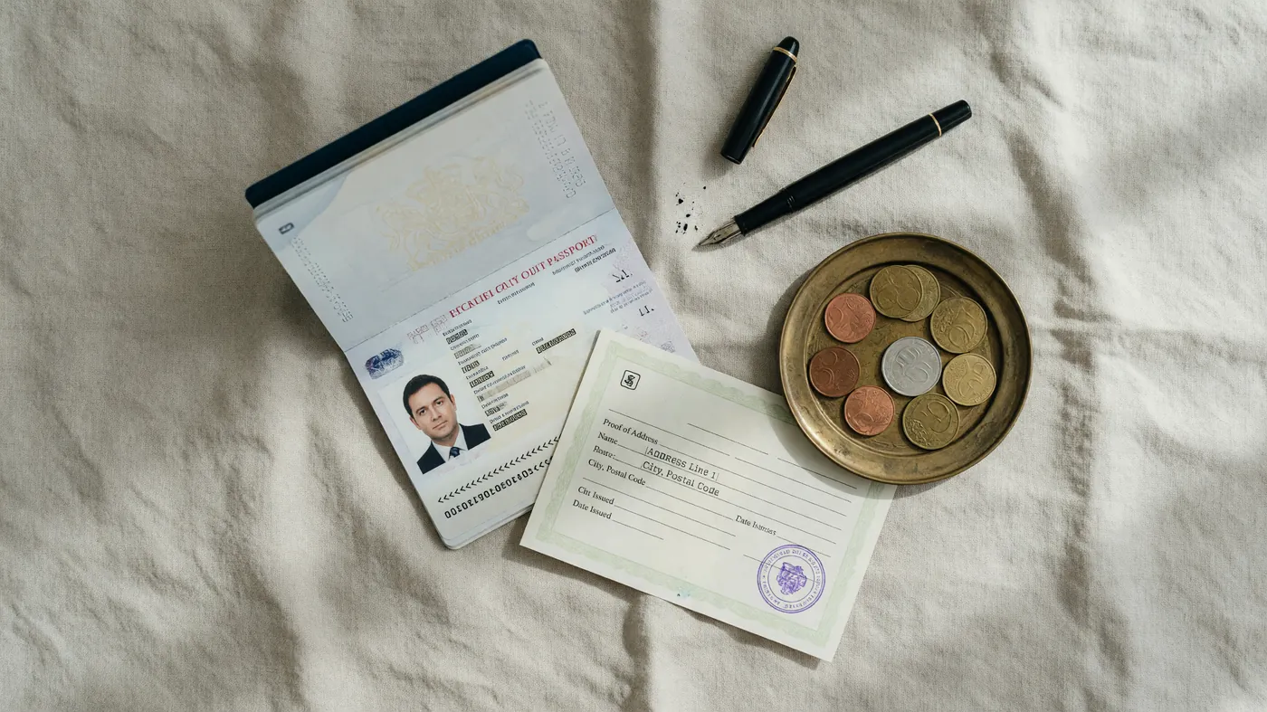 Two identity documents on a linen-covered table beside a fountain pen and a small brass tray of coins, soft daylight.