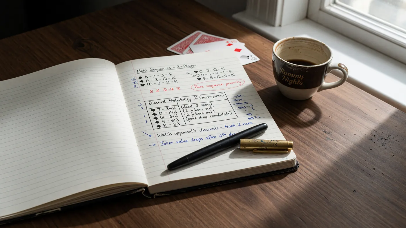 An open paper notebook on a wooden desk showing hand-drawn pencil rows and a fountain pen resting across the page, soft window light.