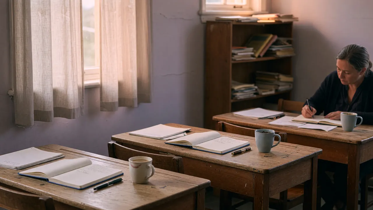 An editorial newsroom with three wooden desks arranged in a soft-lit working row, soft warm afternoon window light: each desk holding open notebooks, fountain pens and small ceramic mugs, a tall window with linen curtains letting in diffused daylight.