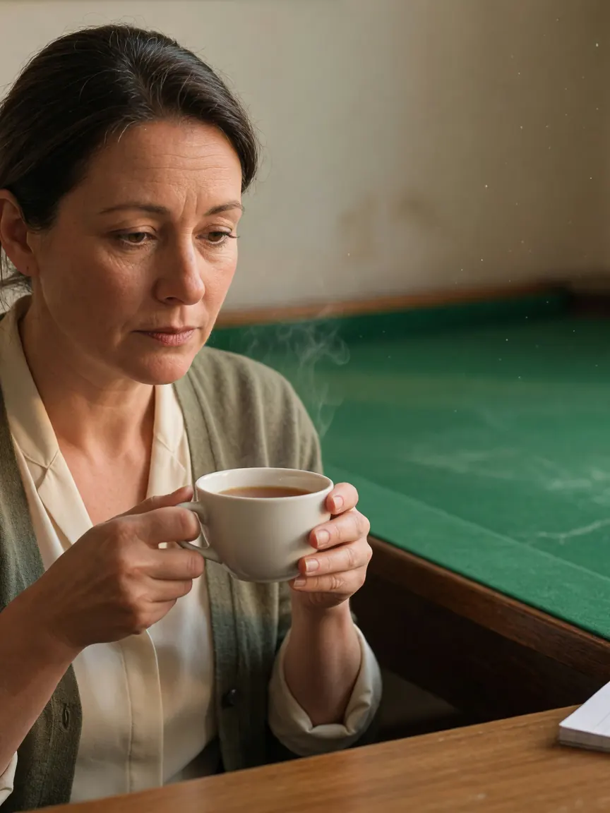 An adult player pausing mid-thought with a cup of tea, looking at an empty green-baize rummy table, age 30-50, neutral expression, real skin texture, the table edge and a single scorepad blurred in the foreground.