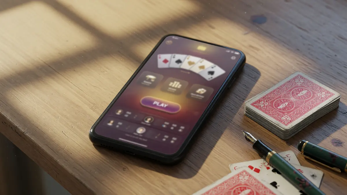A tall stack of cream and ink-blue chips beside a deck of cards.