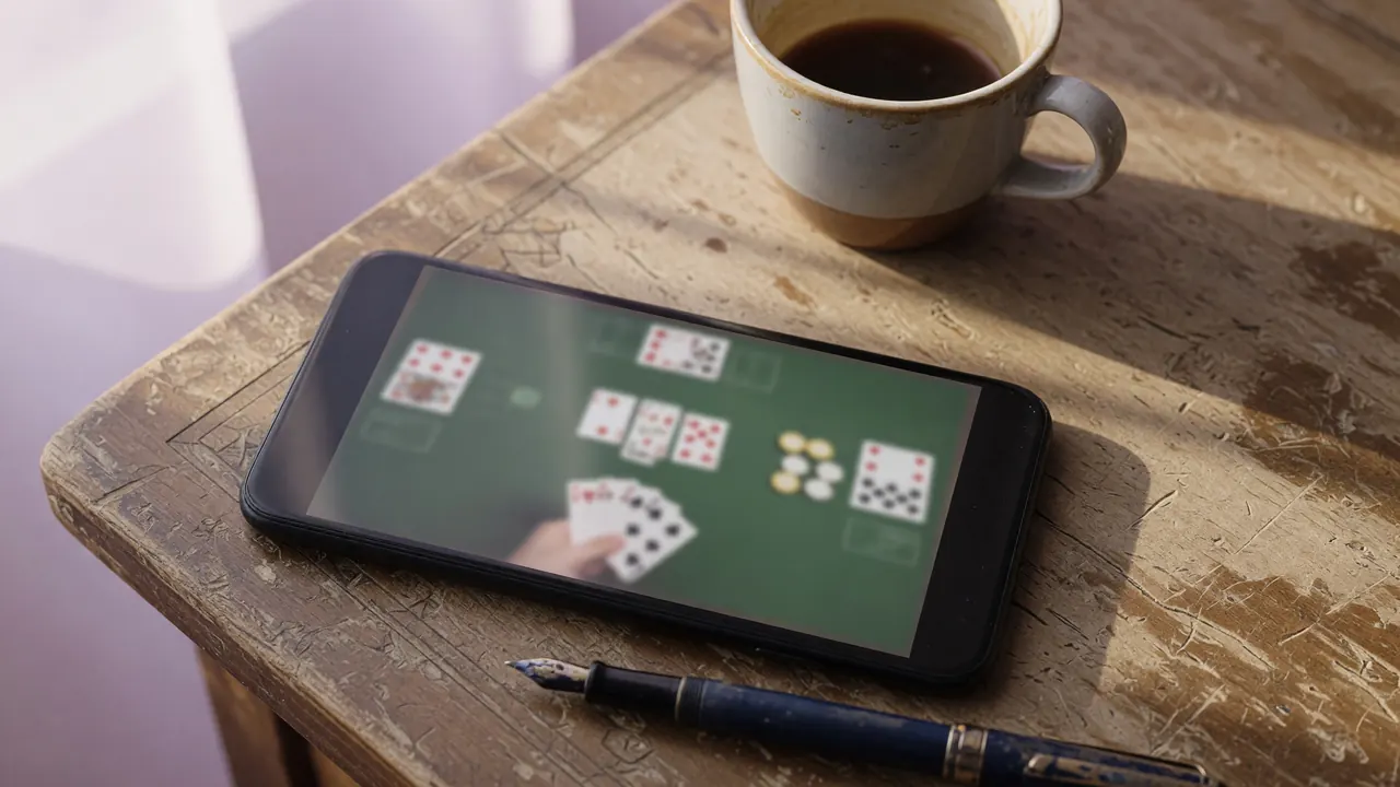 A smartphone displaying a rummy game table interface, viewed from above on a worn wooden desk, soft natural window light from camera-left, the screen showing a blurred digital rummy table with cards and chips.