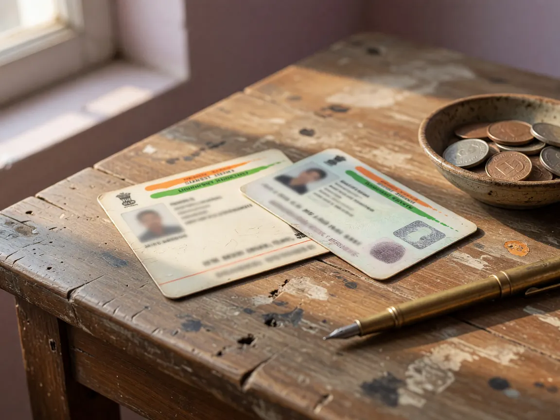 A single printed identification card resting on a worn wooden desk surface, soft diffused daylight from above.