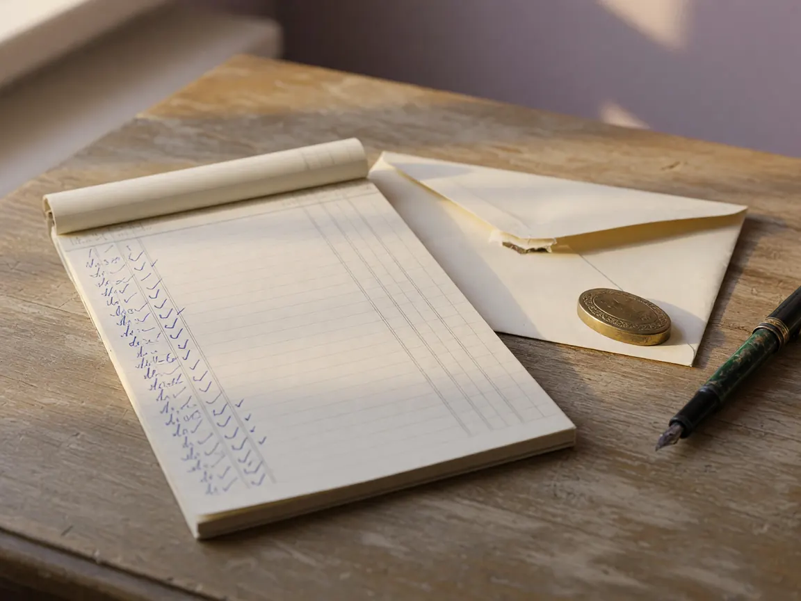 A ledger and a sealed envelope resting on a wooden desk in soft window light, a fountain pen across the page.