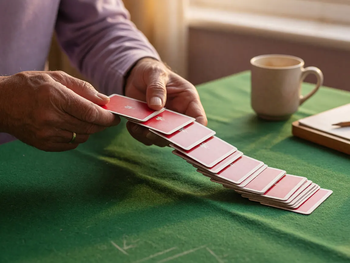 A dealer shuffling a deck of real playing cards on a green baize felt rummy table, the dealer's hands mid-shuffle with the two halves of the deck interleaving above the felt, a small ceramic mug and a wooden scorepad blurred in the background.