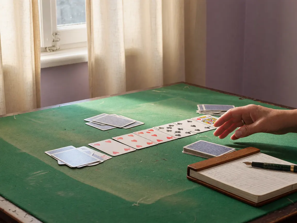 An empty rummy table beside a tall window with soft linen curtains, morning daylight spilling across the felt: a worn green baize surface with thirteen real playing cards arranged into a partial meld, a single open palm of a player hovering above the deck, a wood-handled scorepad to the right.