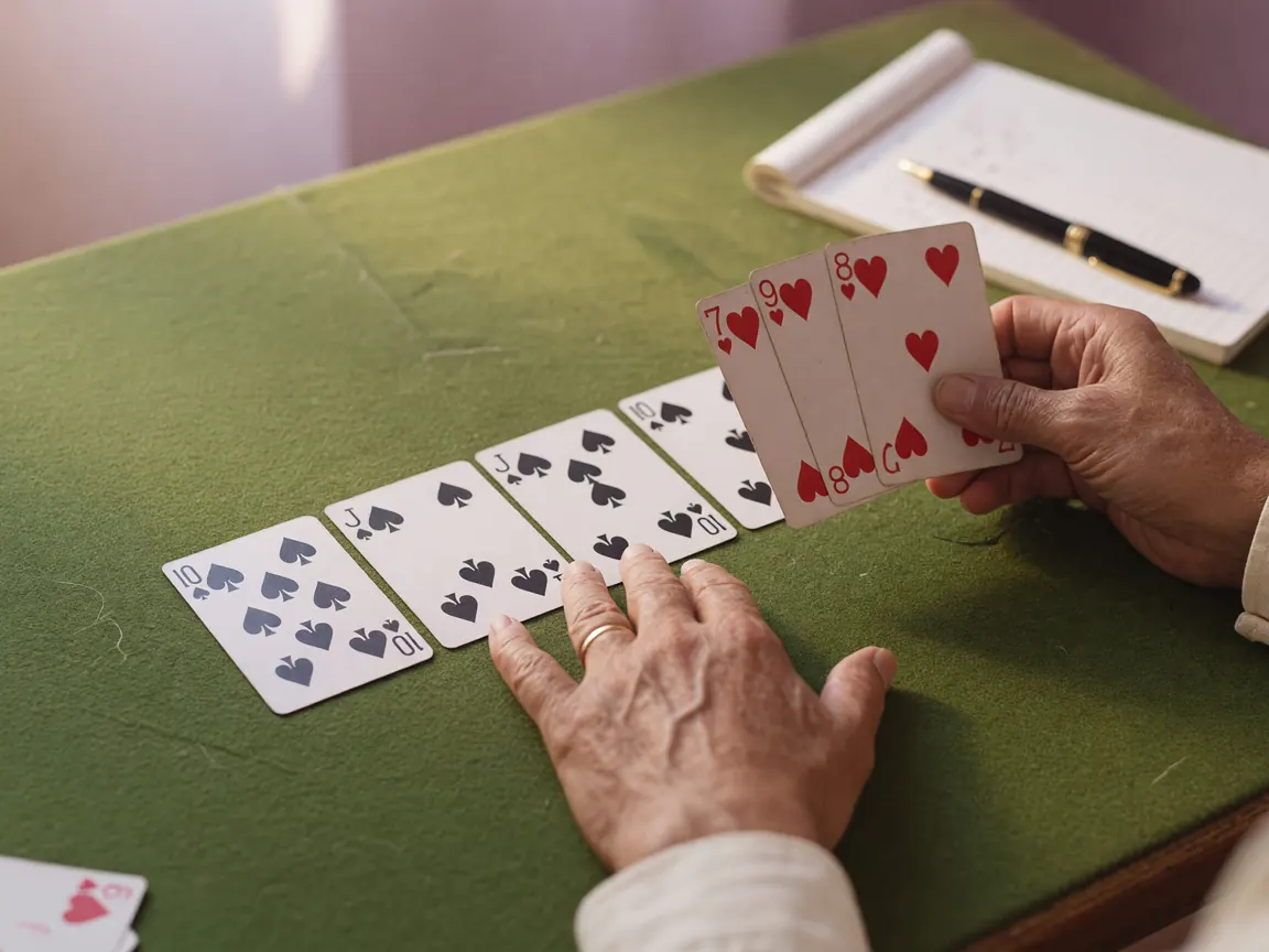 A small spread of declared cards face-up on green baize felt, arranged in a clean pure-sequence and a colour run, soft window light.