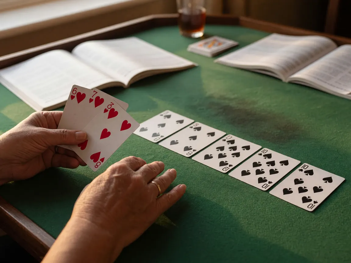 A single cream paper pinned to a corkboard with three hand-drawn meld diagrams in ink-blue ink — a pure sequence on the left, a colour set in the middle, an impure sequence on the right — beside a few real playing cards for reference.