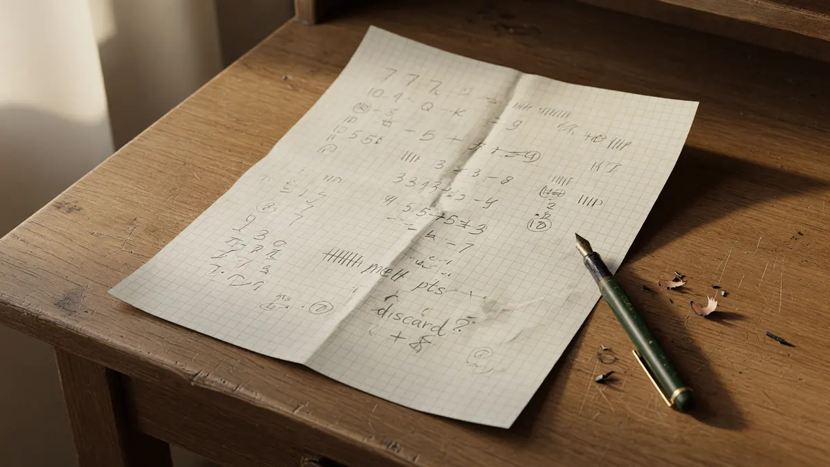 A single sheet of grid paper on a wooden desk showing pencil rows suggesting rummy points scoring, a fountain pen resting across the page, soft window light.