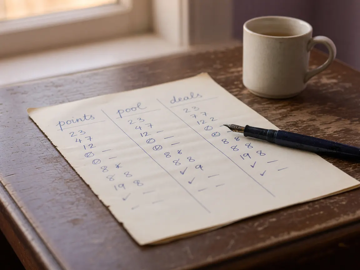 A points rummy ledger on a worn wooden reading table: a single cream paper with three hand-labelled columns — points, pool, deals — each with a few rows of small handwritten numbers and checkmarks.