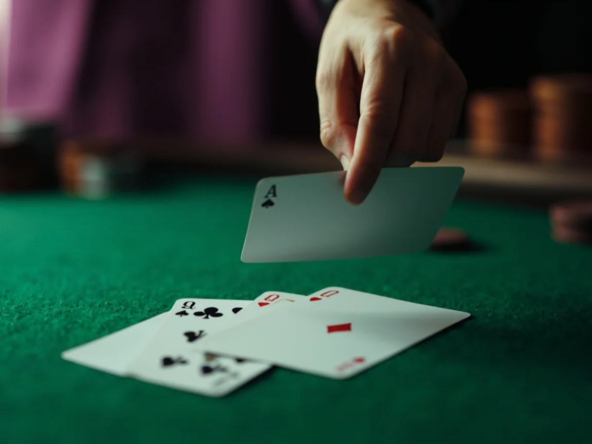 Three adult players at a card table in soft warm daylight.