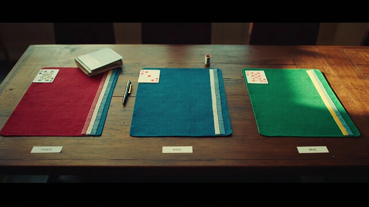 Three small felt table mats laid on a wide wooden table representing three rummy variants, each with a single sample hand of cards placed face-up, a pen and notepad between them, soft warm window light from above-left.
