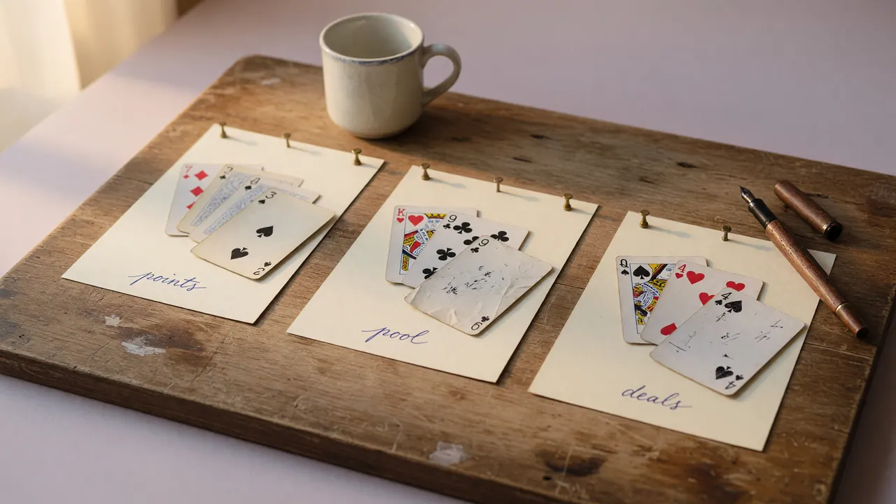 Three small card arrangements laid on a worn wooden reading board, each pinned to a small piece of cream paper with brass pins, soft warm window light: three labelled-style arrangements — points, pool, deals — each with three to five real playing cards fanned or stacked in slightly different layouts.