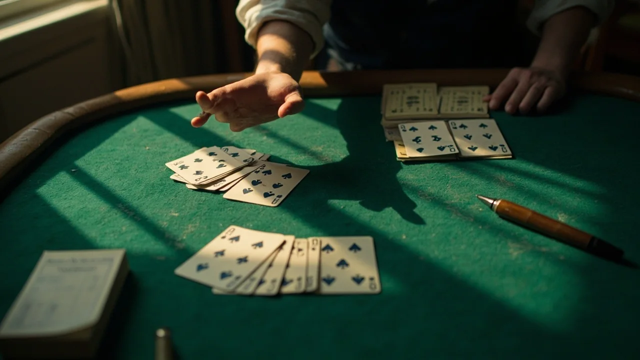 A worn green baize felt surface with thirteen real playing cards arranged into a partial meld, a single open palm hovering above the deck, and a wood-handled scorepad with a fountain pen resting at the right edge.