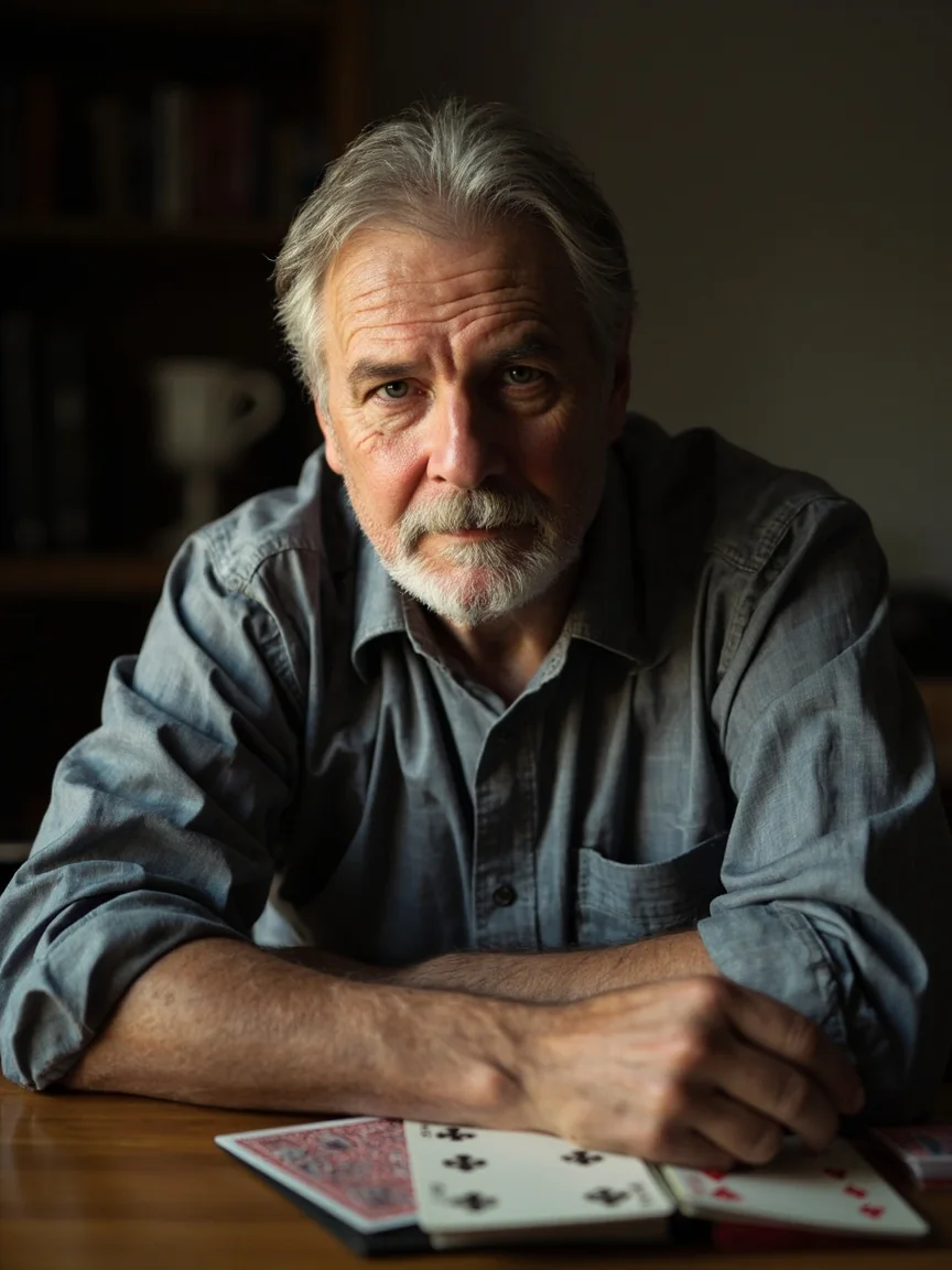An adult rummy strategy writer seated at a small wooden table with cards and a notebook, soft side-lit window light from camera-left, neutral expression, age 30-50, real skin texture, background softly blurred with a bookshelf and a ceramic mug.