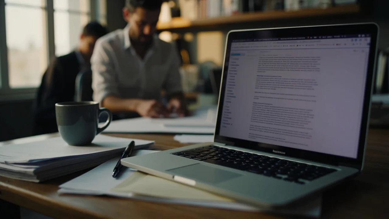 A wooden editorial desk with a newsroom pinboard in the background, a fountain pen, a stack of fresh galley proofs and a small ceramic mug.