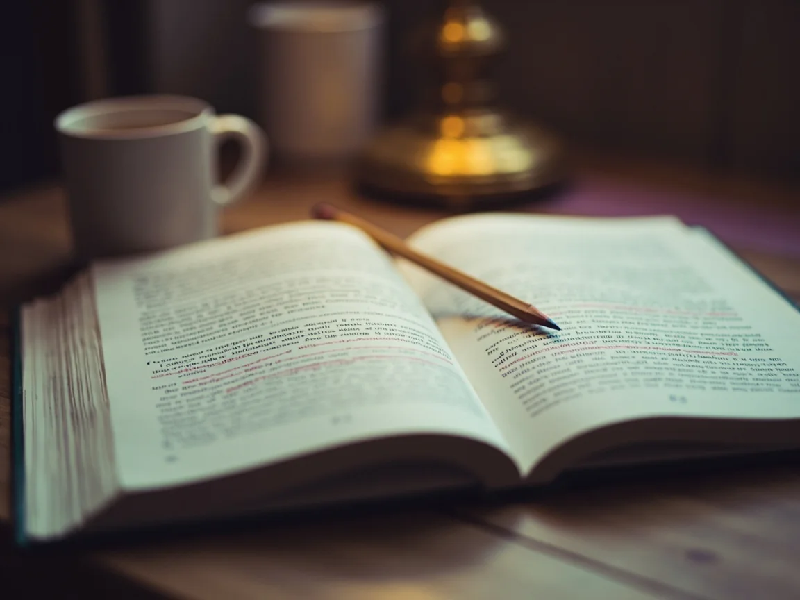 Two open softcover rulebook pages lying flat on a wooden reading table, a red-pencil underline beneath three paragraphs and a ceramic mug blurred behind them.
