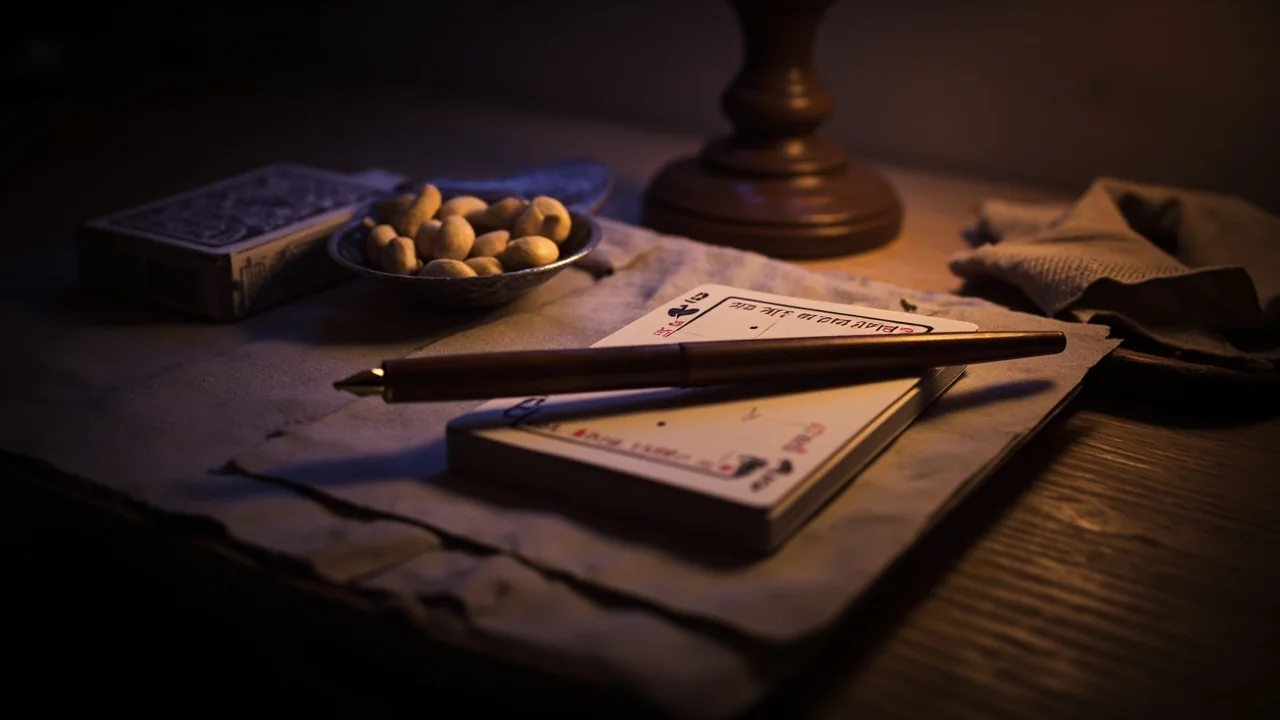A sealed deck of cards, a wood-handled scorepad with a fountain pen resting across it, a small bowl of cashews, and a linen napkin folded once on a worn oak desk in soft evening lamp light.