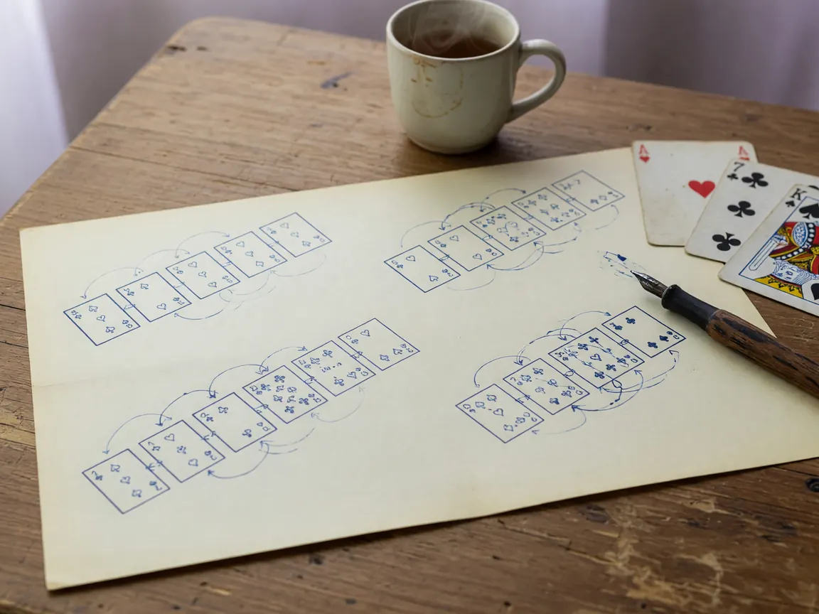 A beginner rummy cheatsheet laid on a worn wooden reading table: a single A4 cream paper with four hand-drawn diagrams of pure sequences and sets in ink-blue ink, a few sample cards beside the diagrams, a wooden fountain pen at the right edge.