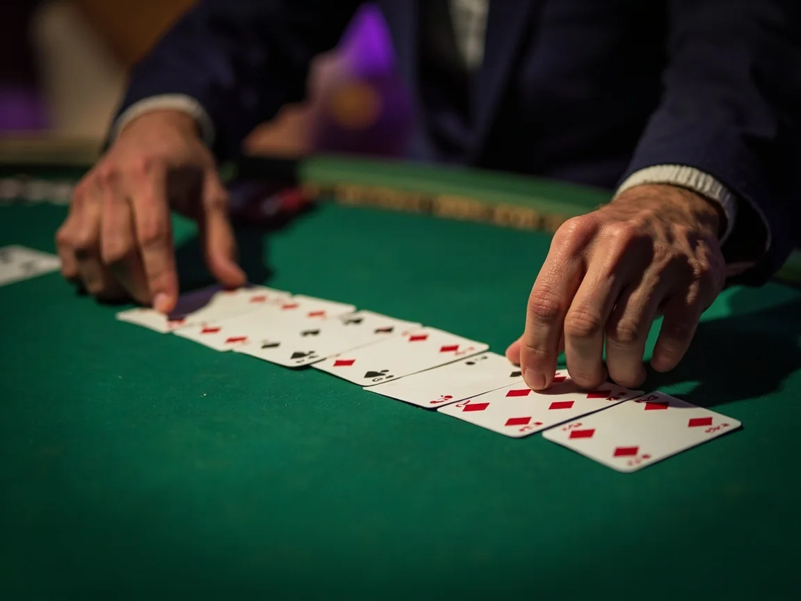 A player's two hands arranging fifteen cards face-up on a green baize mat, the moment just before a declaration, photographed at 85mm with shallow depth of field, soft window light.