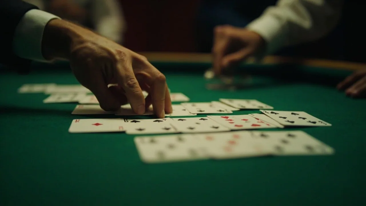 A tall stack of cream and ink-blue chips beside a deck of cards.