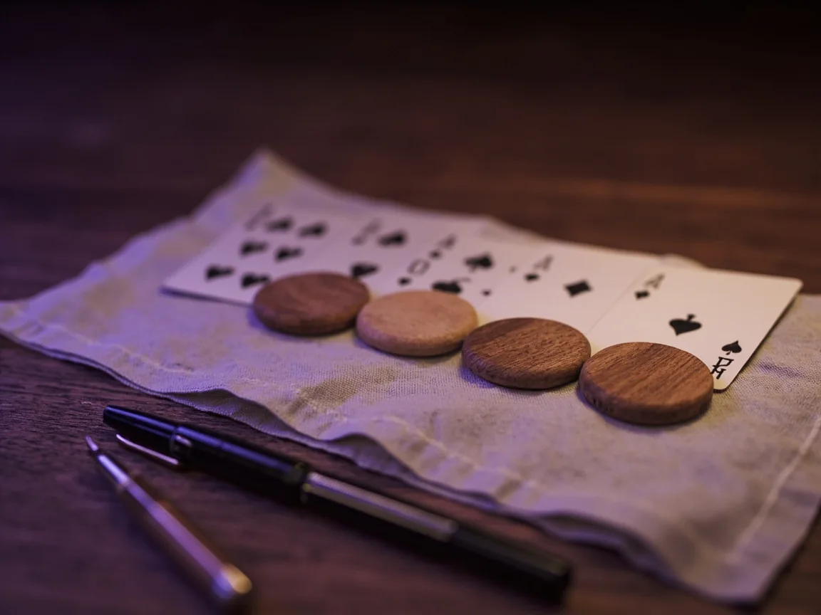 Four melds laid out on a dark wood surface with one open joker at the corner.