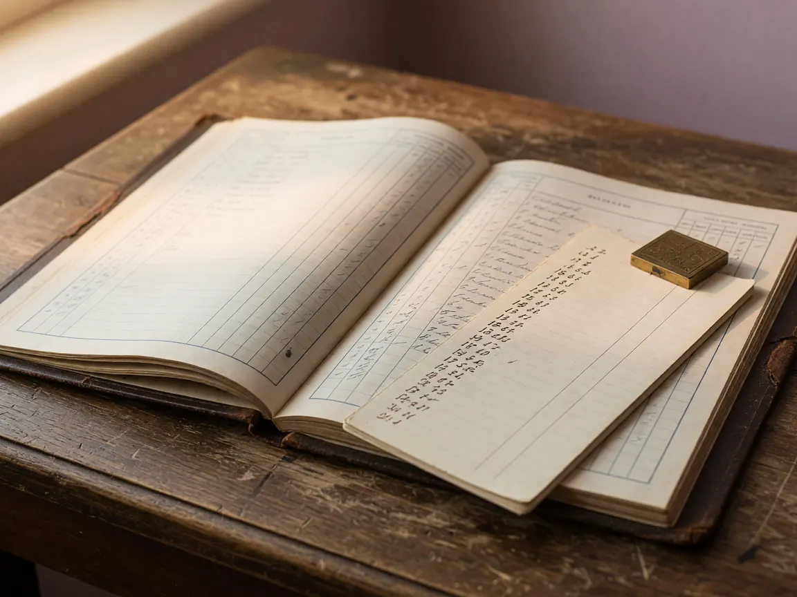A small stack of softcover rulebooks beside an open leather-bound ledger with a fountain pen resting across the page, soft window light.
