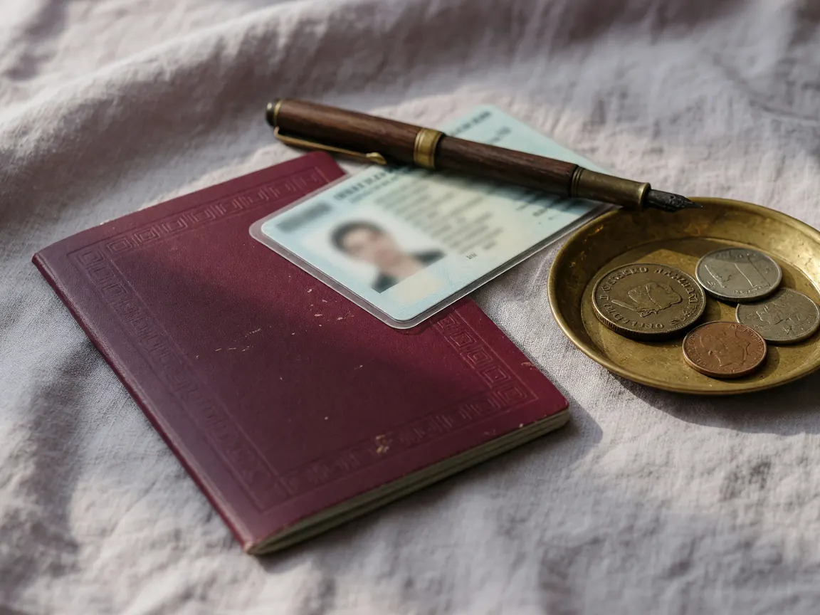 Two identity documents on a linen-covered table beside a fountain pen and a small brass tray of coins, soft daylight.
