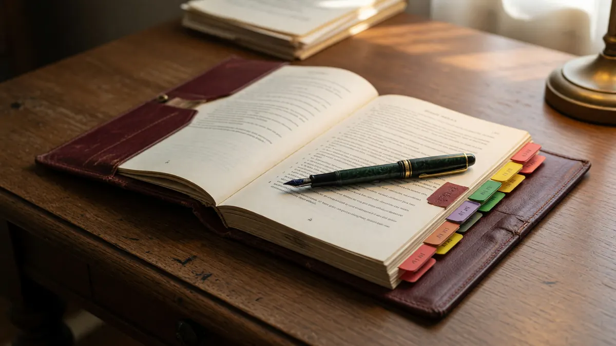 A joker card resting on a leather-bound rule book with soft daylight falling across both objects.