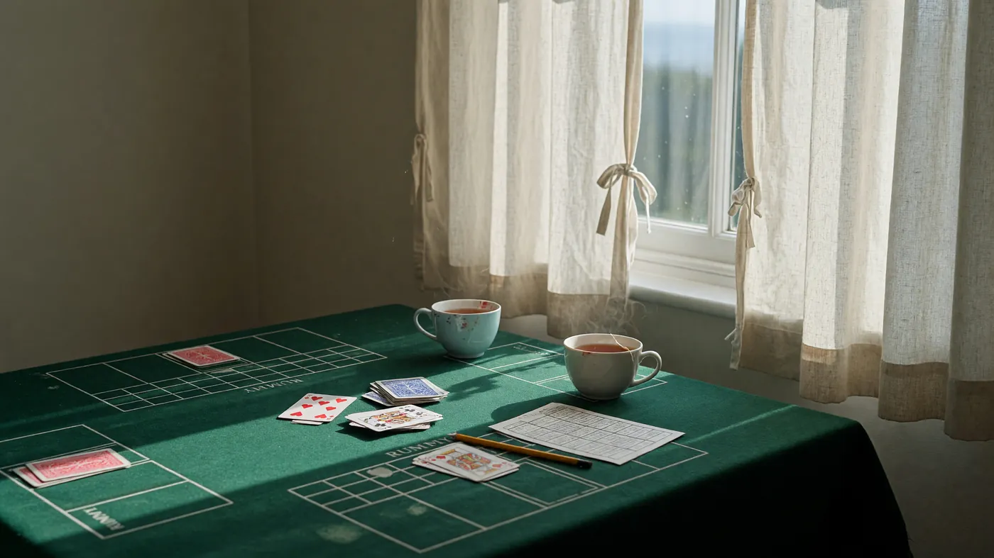 A smartphone displaying a rummy app interface on a glass surface, with cards and a notebook visible in soft window light.