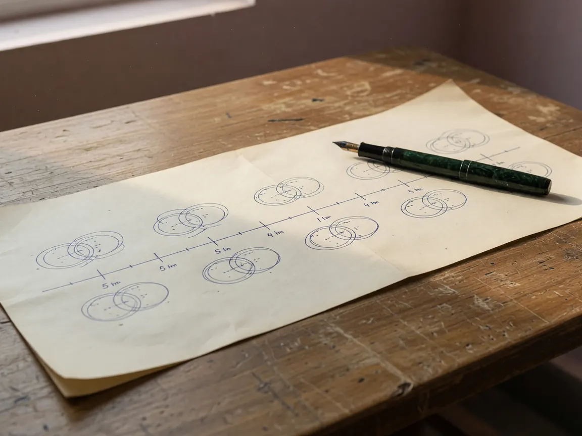 A paper payout timeline ledger resting on a worn wooden desk beside a fountain pen: a long horizontal cream paper with hand-drawn timeline marks in ink-blue ink representing five-minute, fifteen-minute, one-hour and four-hour milestones.