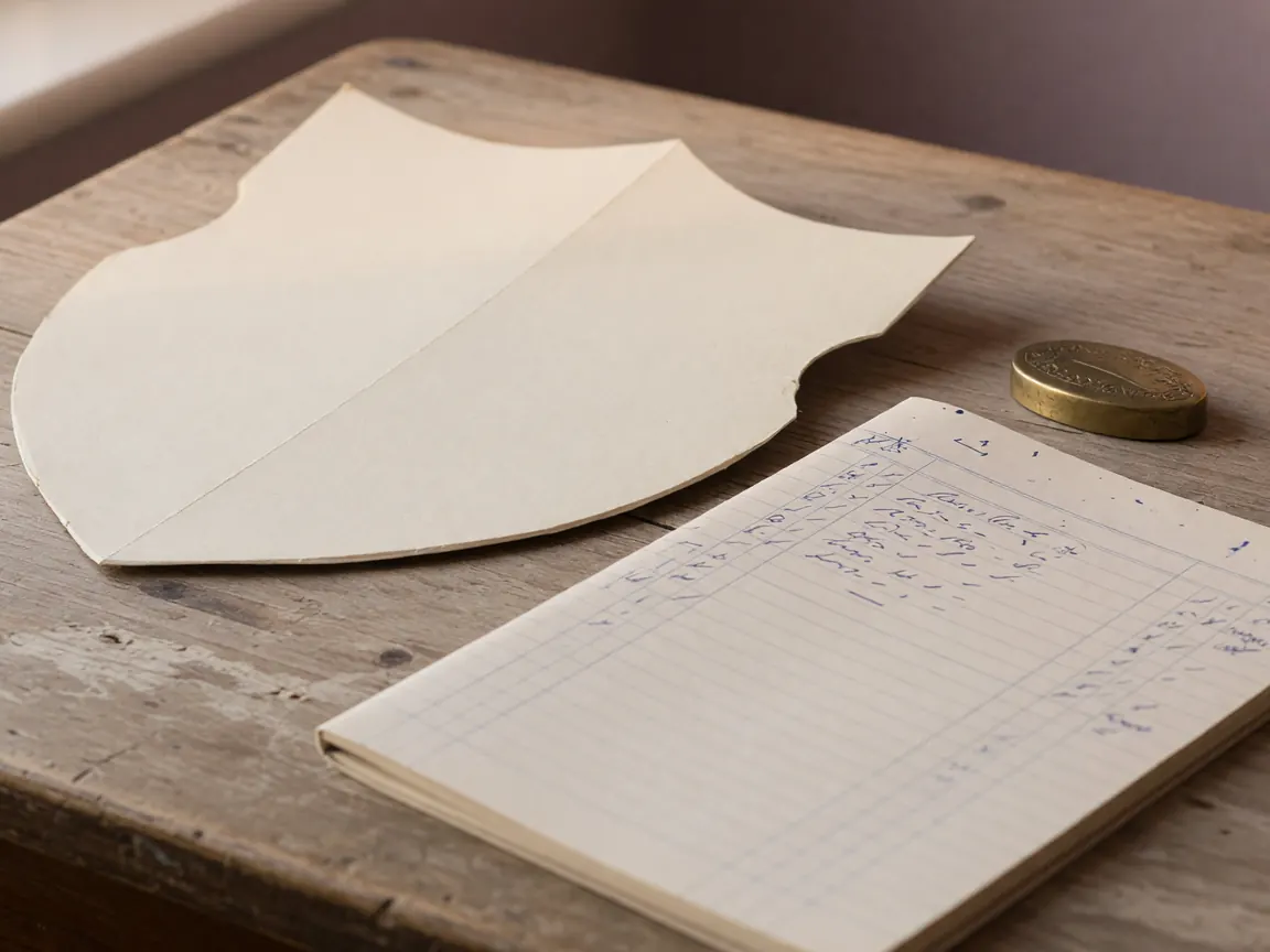 A small paper shield-cutout resting on a worn wooden reading desk beside a slim paper ledger, soft warm afternoon window light: a cream paper cutout in the rough shape of a heraldic shield, a separate cream ledger with abstract ink-blue rows and checkmarks resting diagonally across the lower edge.