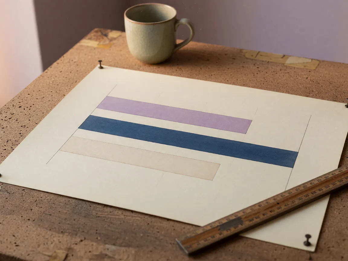 A soft-light limits poster pinned to a corkboard: a single cream paper with three horizontal bars in muted warm-lilac, ink-blue and cream, pinned at the four corners, a wooden ruler resting diagonally at the lower right.