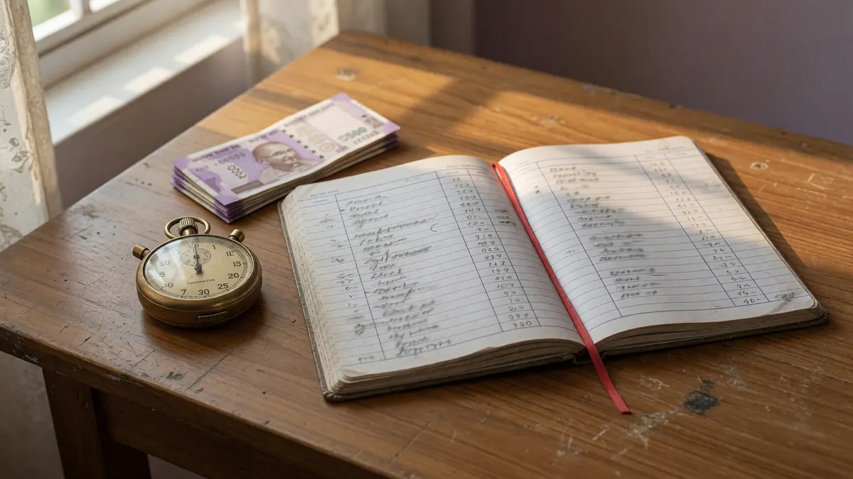 A paper ledger and stopwatch arranged on a desk for a careful record review.