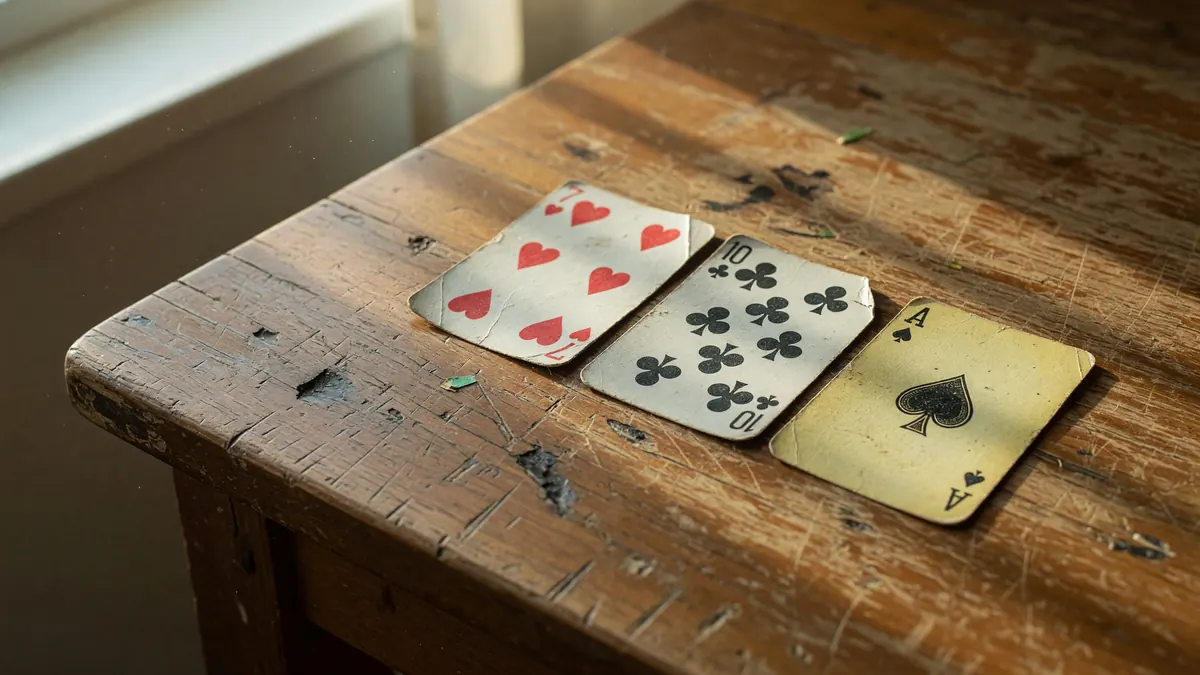 A card meld arranged on a rummy table beside a discard window guide.