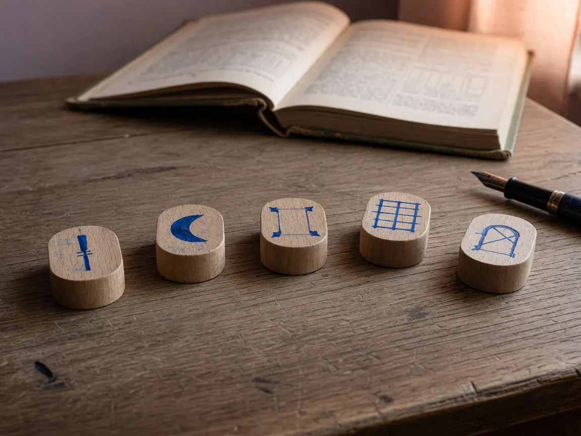 A wooden discard-window token arrangement on a worn wooden reading desk: a row of five small turned-wood tokens laid in a horizontal river, each representing a discard-window position, with a fountain pen at the right edge.