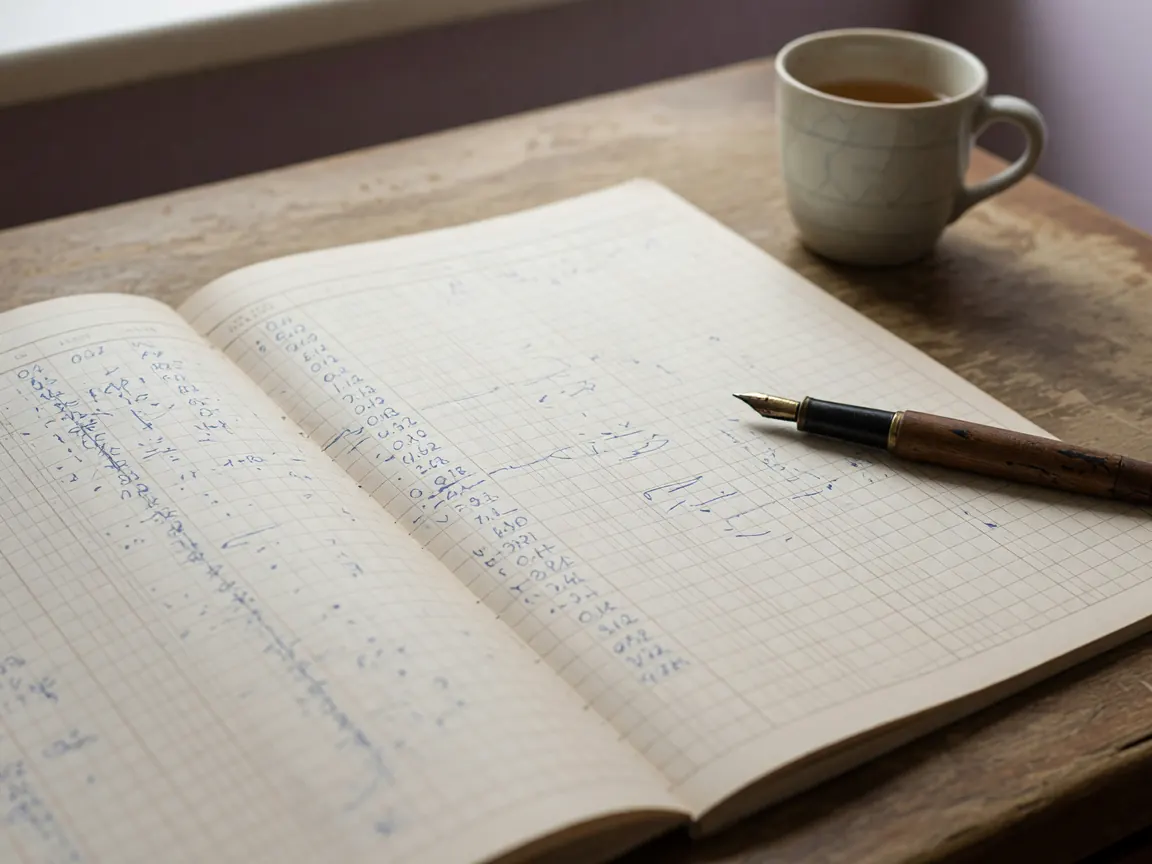 A strategy spreadsheet open on a wooden reading desk beside a fountain pen: a paper rule ledger with handwritten grid lines and probability numbers in ink-blue ink.