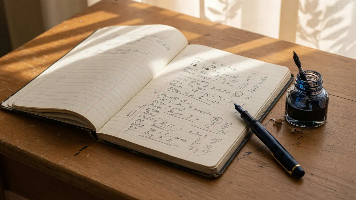 A strategy notebook open on a wooden desk beside a small stack of fiches and a fountain pen, soft window light from camera-left.