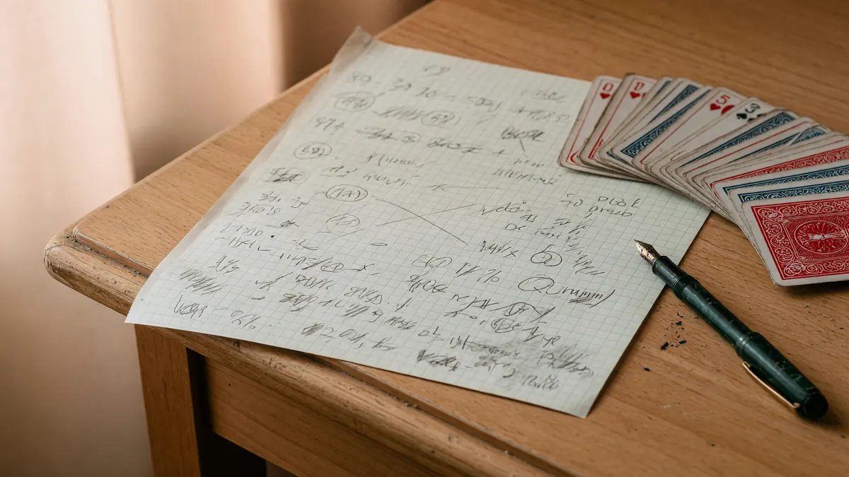 A wooden discard-window token arrangement on a worn wooden reading desk: a row of five small turned-wood tokens laid in a horizontal river, each representing a discard-window position, with a fountain pen at the right edge.