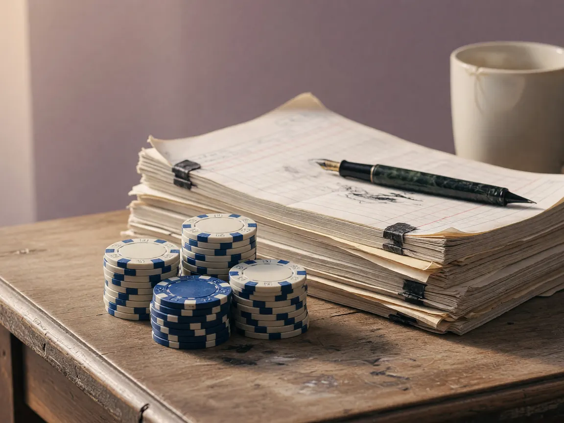 A small stack of cream and ink-blue poker fiches beside a tall stack of paper rule ledgers on a worn wooden desk, soft warm window light.