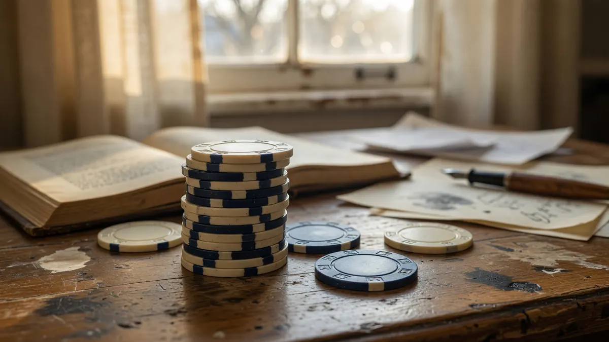 A small stack of cream and ink-blue poker fiches beside a tall stack of paper rule ledgers on a worn wooden desk, soft warm window light.