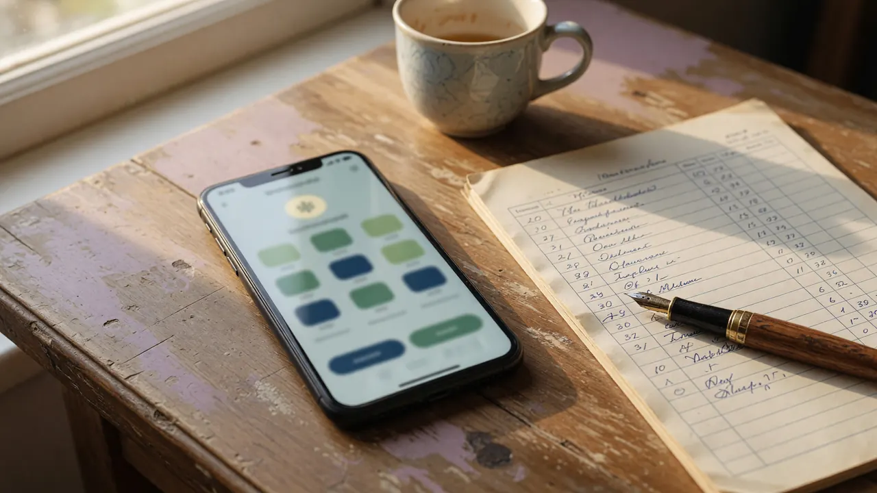 A smartphone displaying a UPI payout app interface beside a cream paper ledger on a worn wooden desk, soft warm afternoon window light.